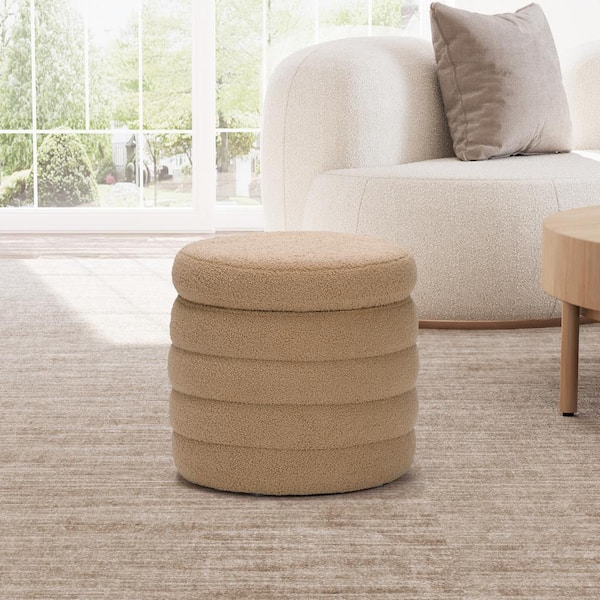 Bayville Modern 16 in. Tall Sherpa Fabric Tufted Round Storage Ottoman in Camel