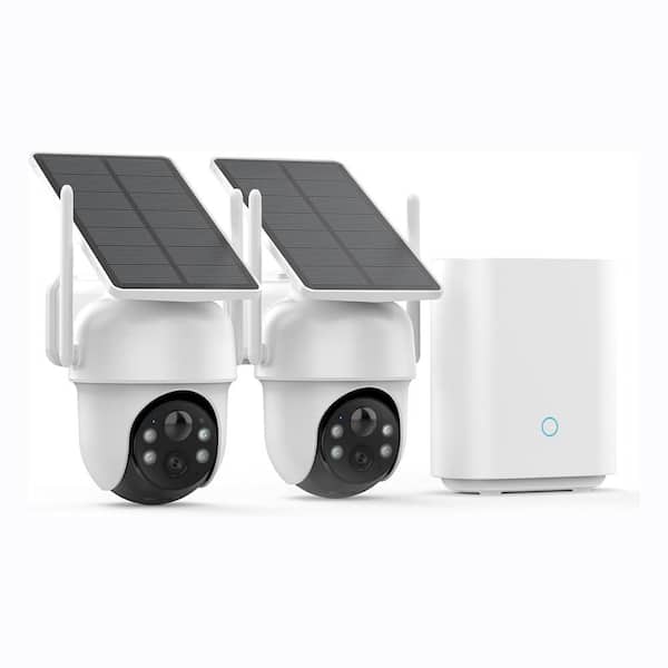 2 Cam-Kit Wireless Outdoor Security Cameras System Solar-Powered 360° Pan & Tilt Auto Tracking 2K Color Night Vision