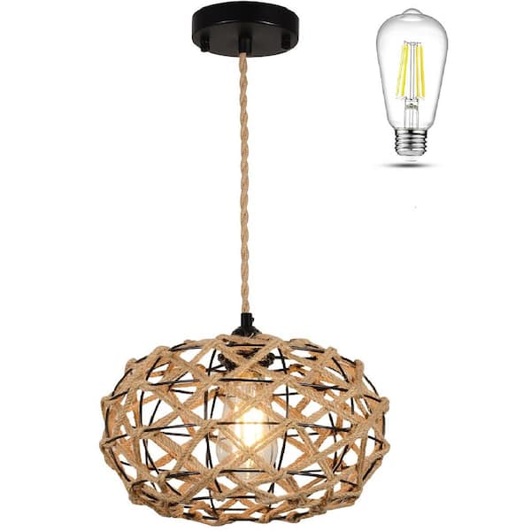 CIPACHO 60-Watt 1-Light Hemp Rope Cage Pendant Light with LED Bulb