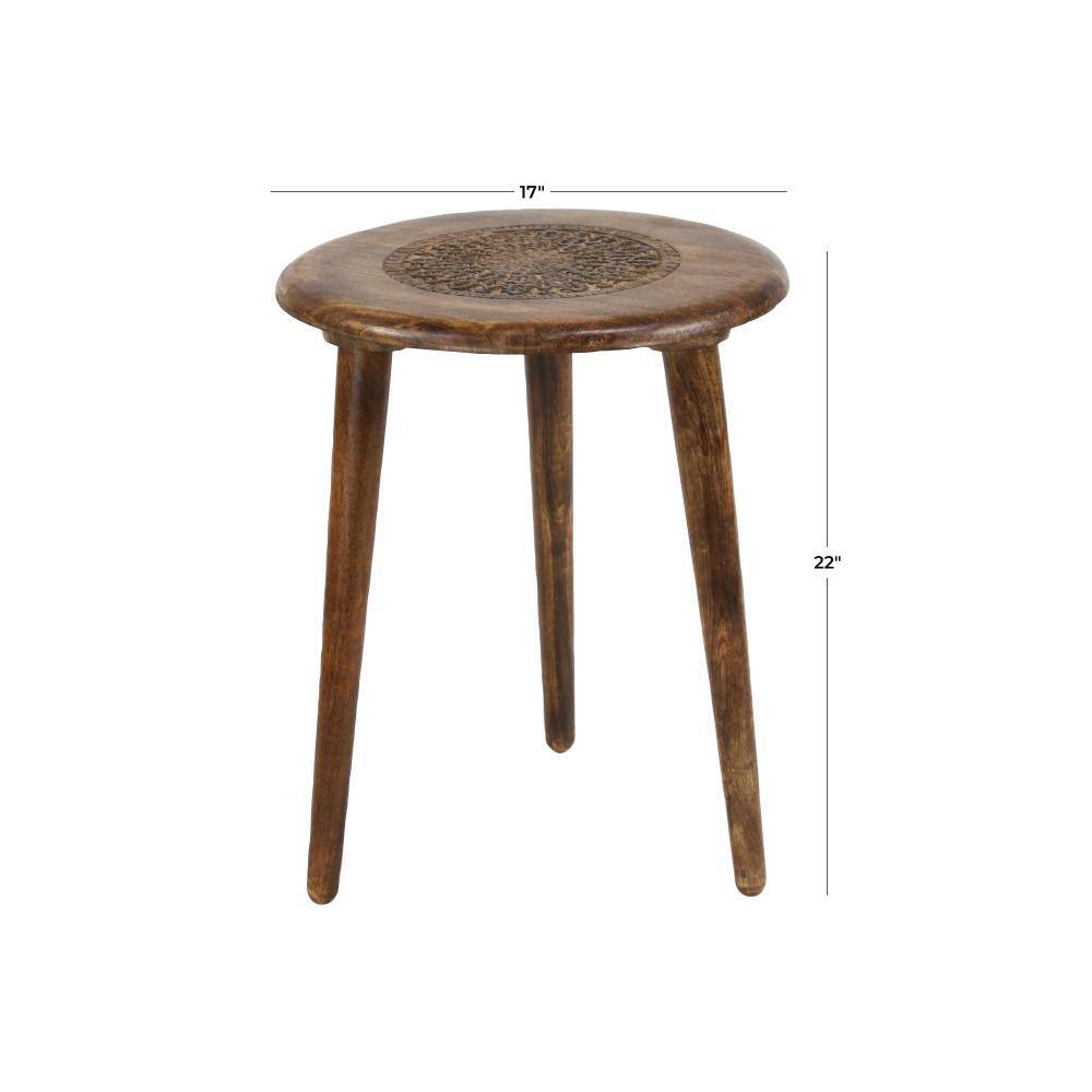 Handcrafted Dark Brown Mango Wood Floral Carved Round Accent Table