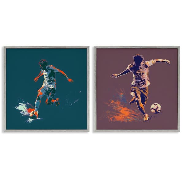 Stupell Industries Kicking Soccer Ball Goal by Lazar Studio 2-Pieces Gray Framed Sports Giclee Art Print 24 in. x 24 in.
