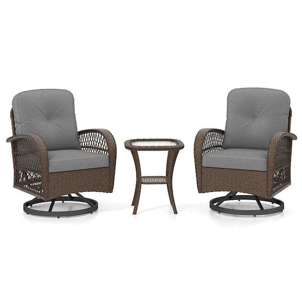 Mix Brown Wicker Outdoor Rocking Chair Set with Gray Cushion and Table