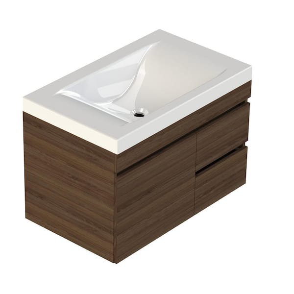LIFT BRIDGE KITCHEN & BATH Viteli + Siena 31 in. W x 19 in. D x 29 in. H Wall-Mount Bath Vanity in Walnut with White Cultured Marble Vanity Top