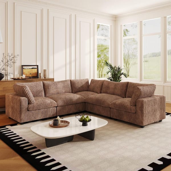 118 in. Rabbit Plush Fabric Square Arm 5-Piece Modular Free Combination Sectional Sofa in Brown