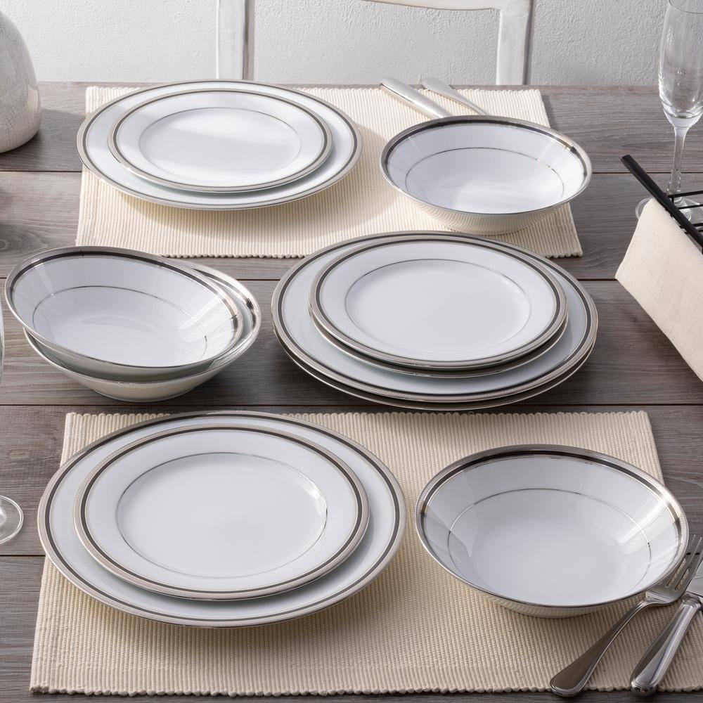 Austin Platinum 12-Piece White Porcelain Dinnerware Set with Metal Accents