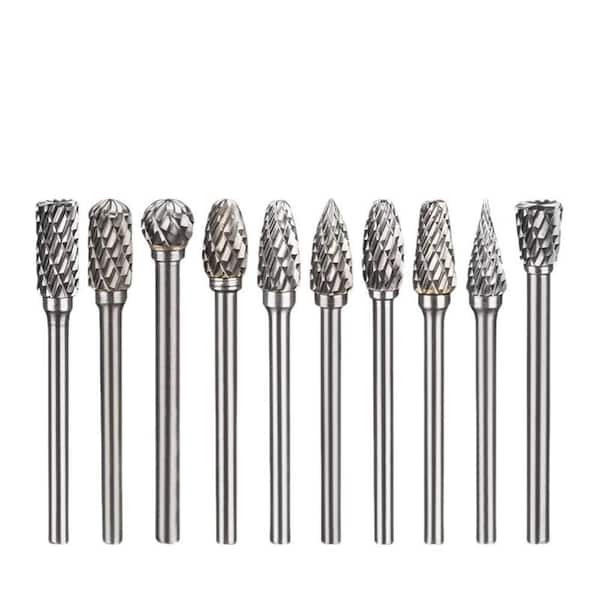 1/8 in. Carbide Burr Set Rotary Tool for Attachments Cutting Burrs Metal Grinding Engraving Porting Double Cut 10-Piece