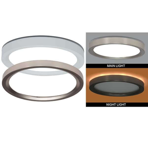 Commercial Electric 7.5 in. White Brushed Nickel Trims Round LED Flush Mount Ceiling Light Night Light Feature 840LM 12W Adjustable CCT