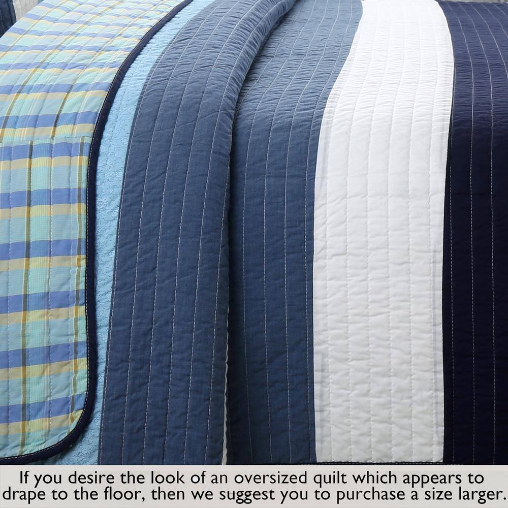 Navy Blue and White Striped Cotton Twin Quilt Set