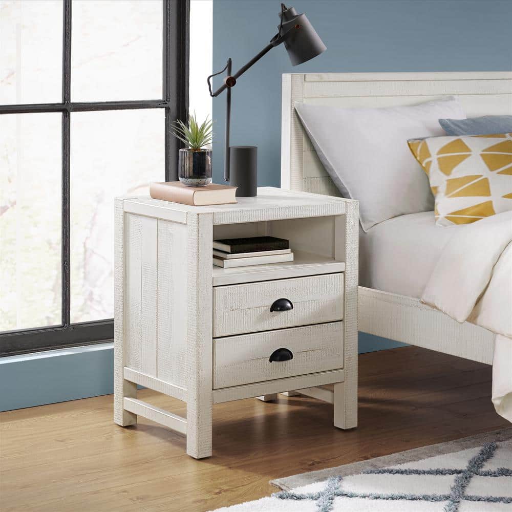 Windsor Driftwood White 2-Drawer Pine Wood Nightstand