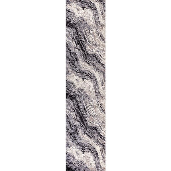 Kassia Charcoal/Cream 2 ft. x 8 ft. Contemporary Glam Abstract Marble Runner Rug