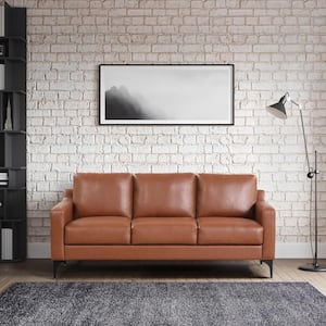 Francis 78 in. Square Arm Brown Faux Leather Mid-Century Modern Stationary Upholstered Sofa