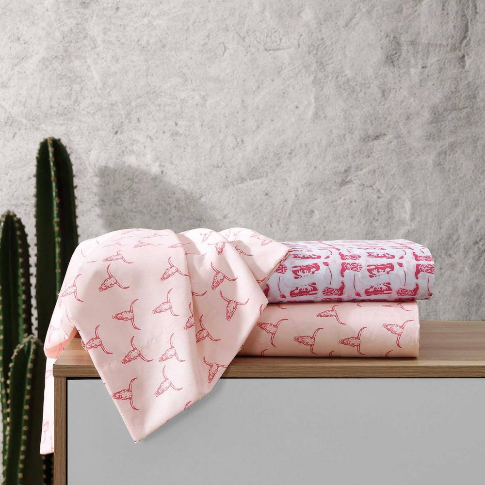 Pink Steer Skulls Print Queen Microfiber Sheet Set