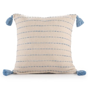 Torrent Blue Striped Hand-woven Tasseled 20 in. x 20 in. Indoor Throw Pillow