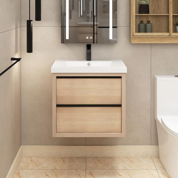 Staykiwi 24 in. W x 18.5 in. D x 22 in. H Floating Bath Vanity in Plain Light Oak with White Ceramic Top