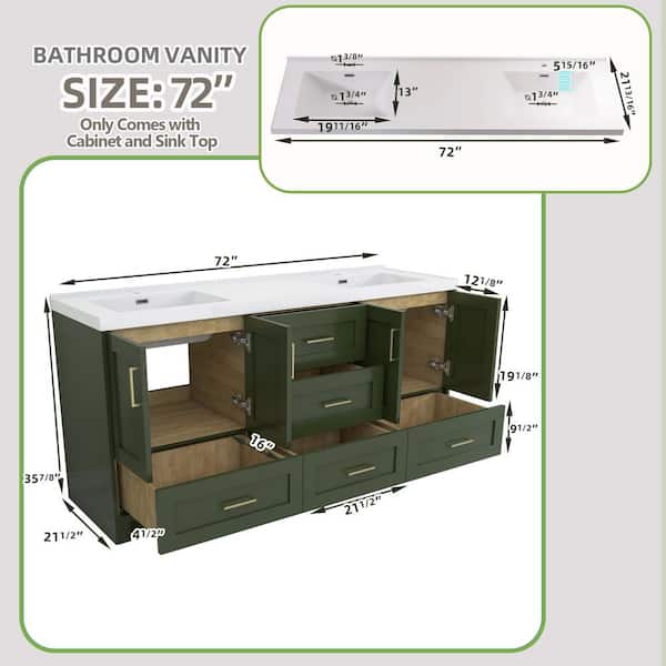Zeafive Genie 72 in. Double Sinks Green Bath Vanity with White