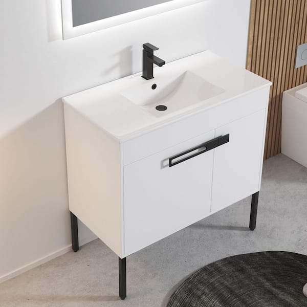 MYCASS Sugur 36 in. W x 18. in D. x 35 in. H Bath Vanity and Top with Basin in White with White Resin Sink and Top