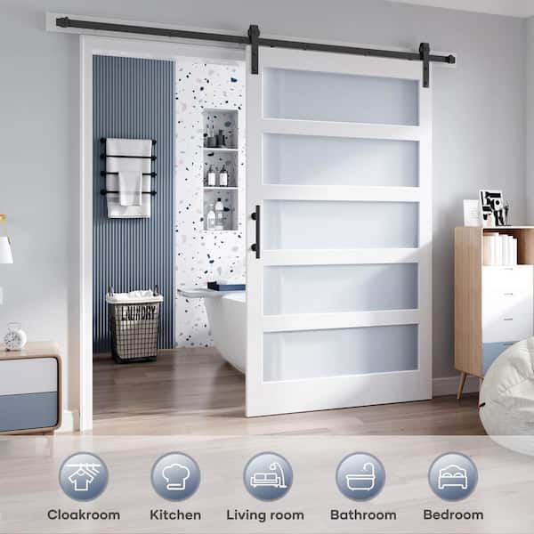 48 in. x 84 in. 5-Lite Tempered Frosted Glass White Finished Solid Core MDF Wood Sliding Barn Door with Hardware Kit