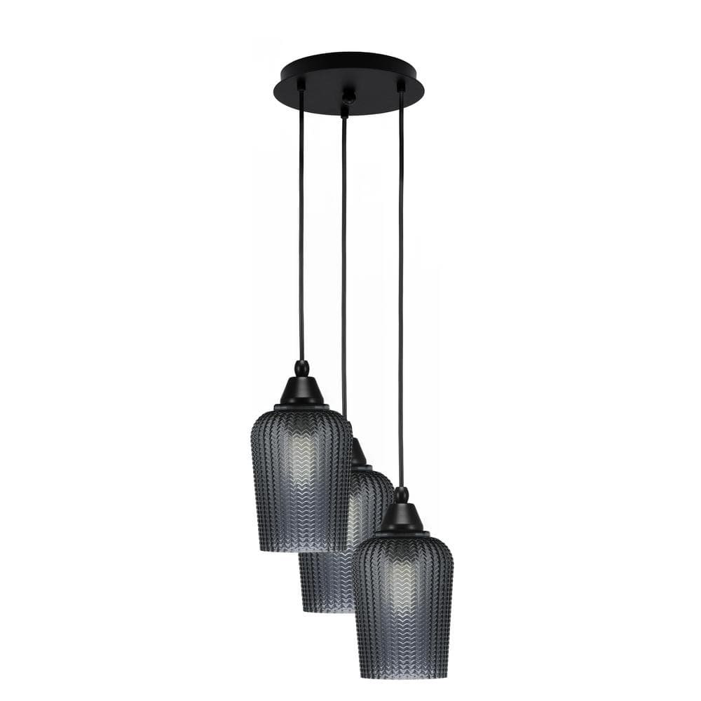 Savannah 11.25 in. 3-Light Matte Black Cord Pendant Light Smoke Textured Gl