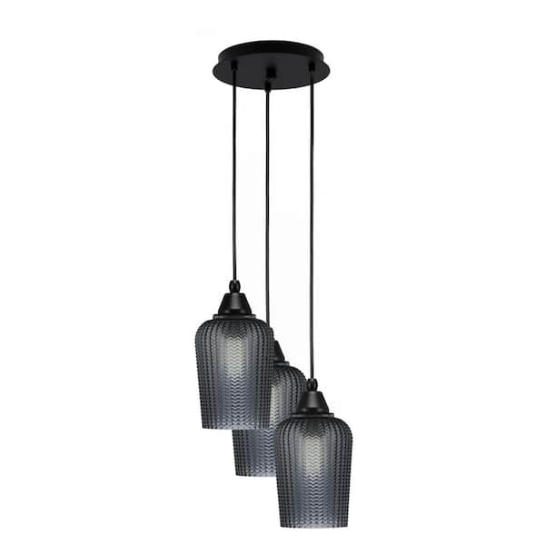 Unbranded Savannah 11.25 in. 3-Light Matte Black Cord Pendant Light Smoke Textured Glass Shade