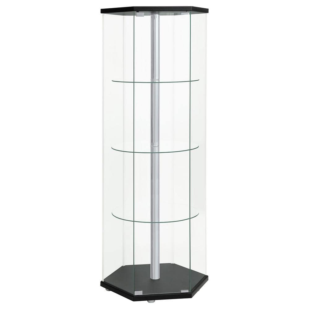 Black Hexagonal Glass Curio Cabinet with Chrome Accents