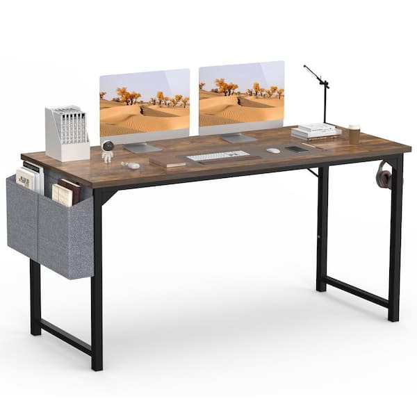 FIRNEWST 63 in. Rectangular Rust Wood Computer Desk with Storage Bag and Headphone Hook