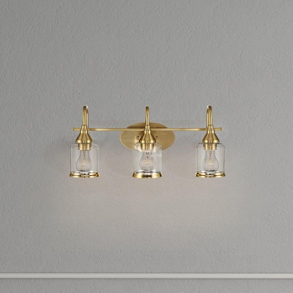 22 in. 3-Light Brushed Gold Vanity Light with Clear Glass