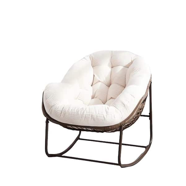 TIRAMISUBEST Wicker Outdoor Rocking Chair w/ White Cushions ​