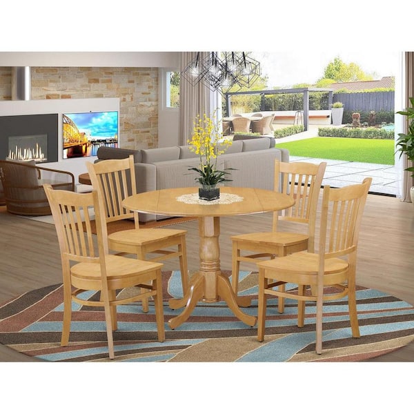 5-Piece Round Natural Oak Finish Solid Wood Top Dining table with 4 Chairs with Lattice Back