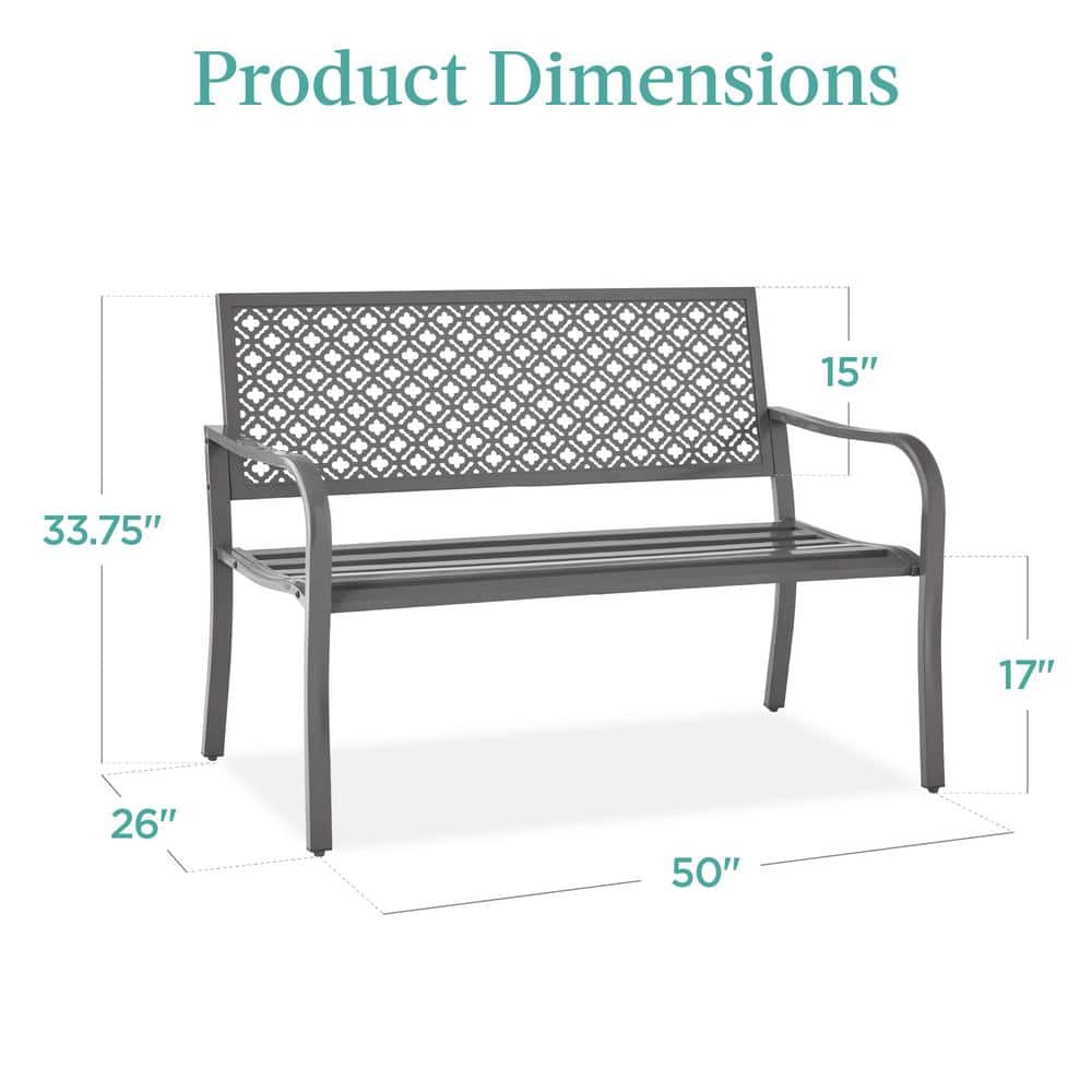 Gray Steel 2-Person Outdoor Garden Bench with Geometric Backrest