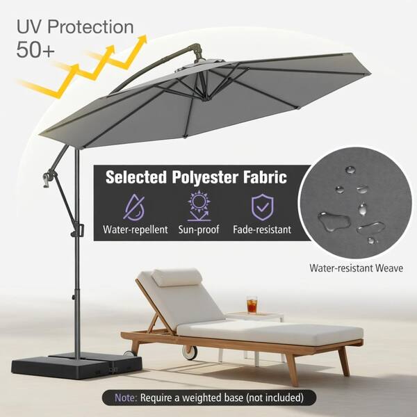 heavy fabric patio umbrella Garvee 11FT Cantilever 360° Rotation Infinite Tilt Aluminum Frame Water-Repellent Heavy-Duty Base for Outdoor Patio Poolside it comes with 36 LED lights (3 on each rib) powered by 3 solar panels 10 ft Offset Hanging Patio