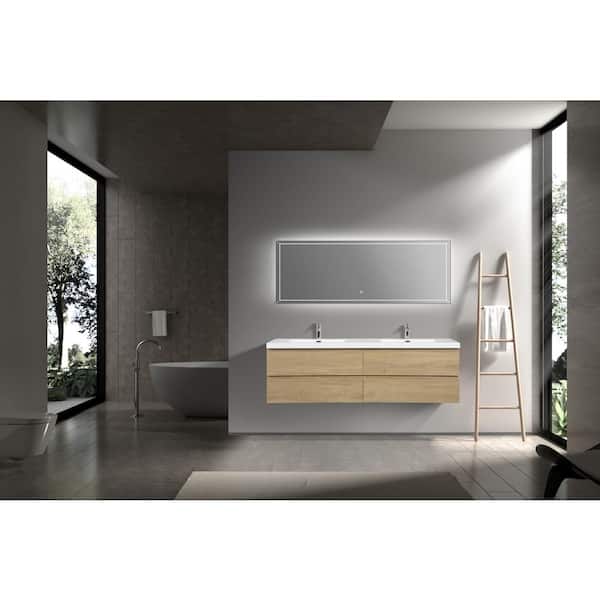 72 in. W Floating Double Sink Bath Vanity in Natural Oak with Gloss White Resin Top