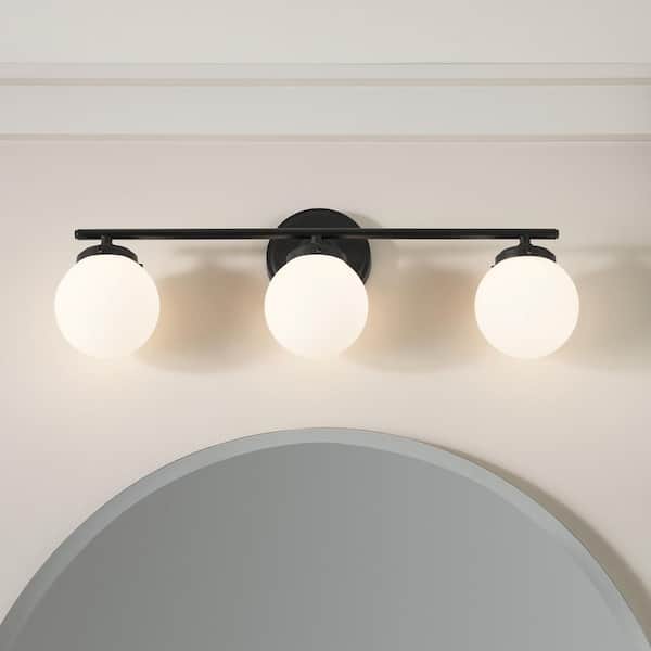 Wynton 24 in. 3-Light Black Mid-Century Modern Bathroom Vanity Light with Satin Etched Cased Opal Glass