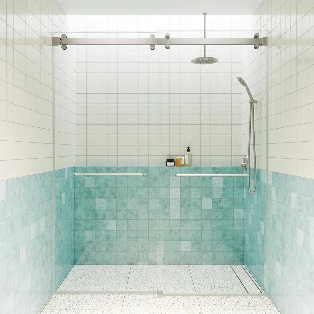 Polaris Frameless Brushed Nickel Sliding Shower Door, 60 x 78 in