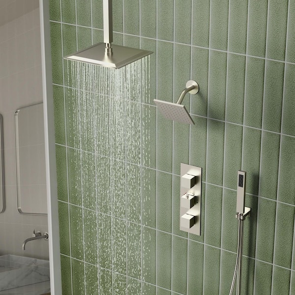 5-Spray Patterns 12 in. Ceiling Mount Rainfall Shower Faucet with 6-Jet in Brushed Nickel (Valve Included)