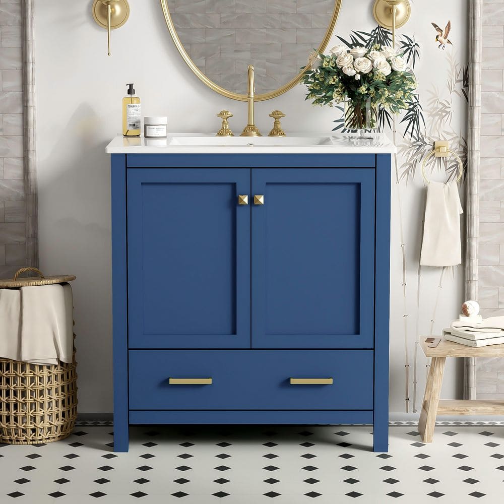 30 in. W Single Sink Freestanding Bath Vanity in Blue with White Ceramic Top, 2 Doors and a Drawer price history on PriceWatchPro