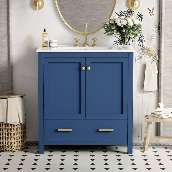 30 in. W Single Sink Freestanding Bath Vanity in Blue with White Ceramic Top, 2 Doors and a Drawer