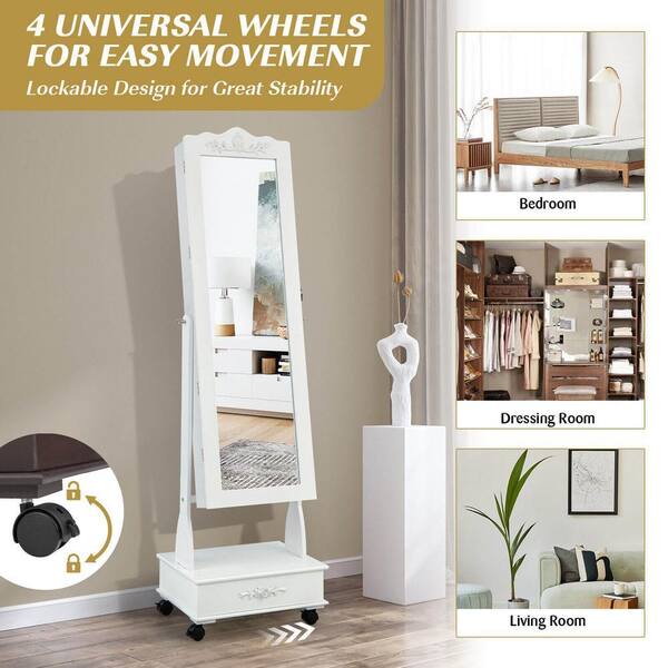 Mecale White Rolling Floor Standing Mirrored Jewelry Armoire with