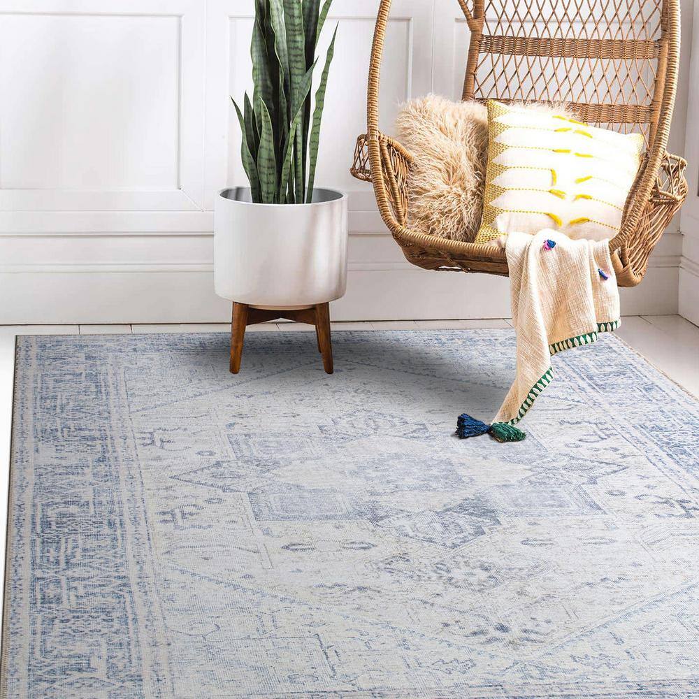 Blue Medallion Flat Woven Washable Synthetic Area Rug 5' x 7'