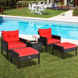 5-Piece Wicker PE Rattan Patio Conversation Set with Red Cushions