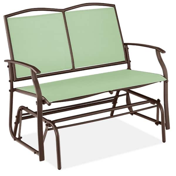 Best Choice Products Sage Green/Brown 2-Person Metal Outdoor Glider, Patio Loveseat, Fabric Bench Rocker for Porch with Armrests