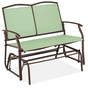 Sage Green/Brown 2-Person Metal Outdoor Glider, Patio Loveseat, Fabric Bench Rocker for Porch with Armrests