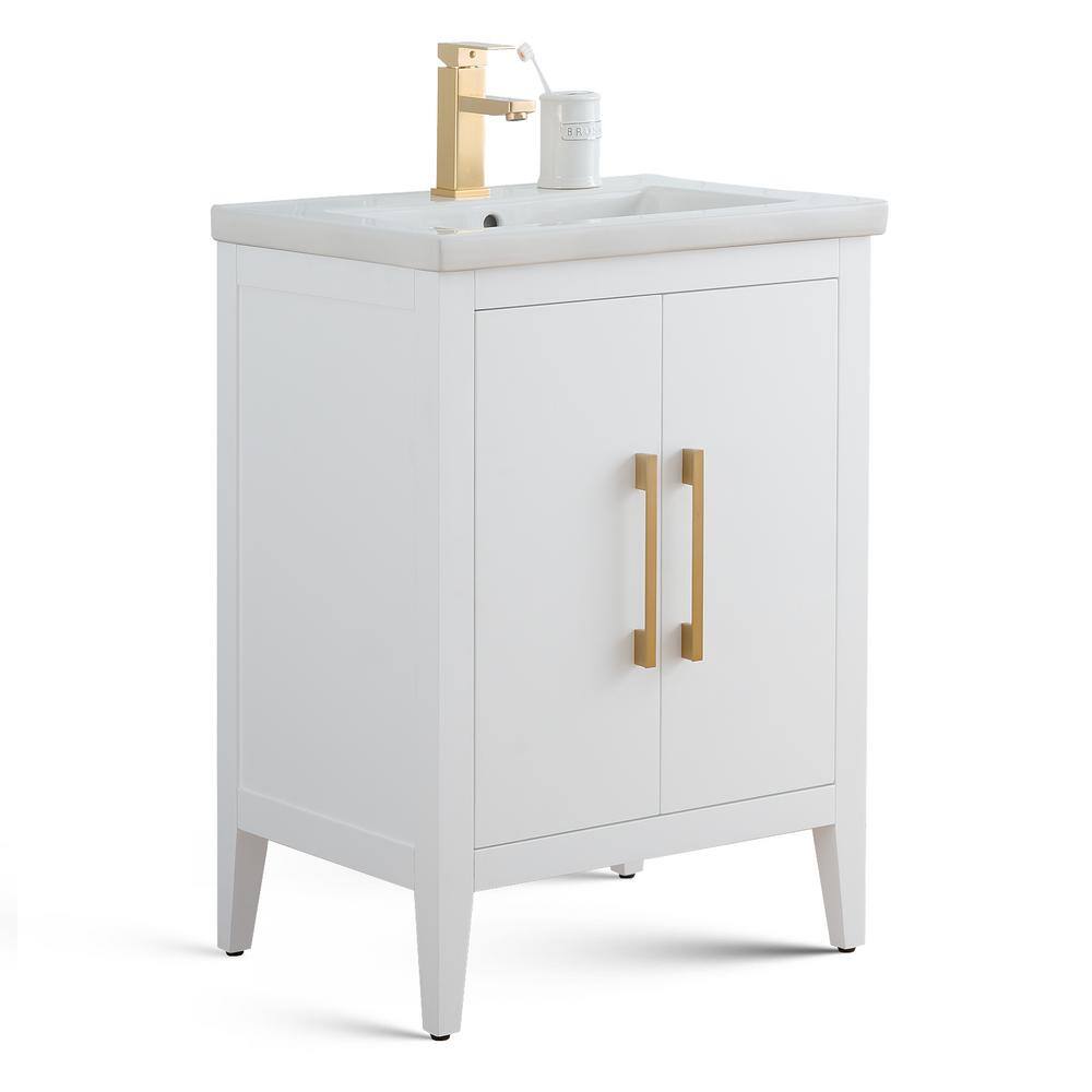 24" White Single Sink Bathroom Vanity with Gold Hardware