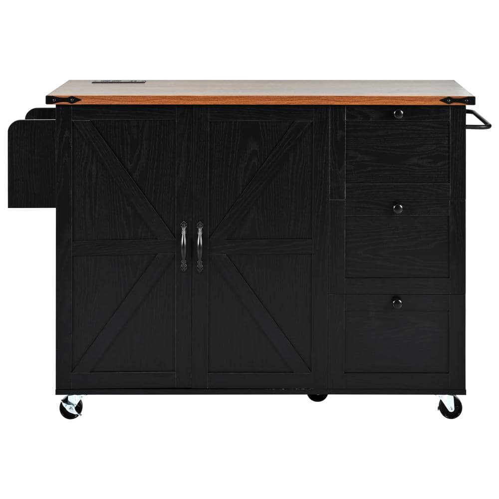 Black Wood Kitchen Cart with with Power Outlet