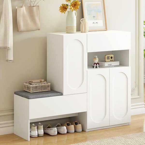 White 43.3 in. H x 51.1 in. W Wood Modern Shoe Storage Cabinet with Soft Cushion, Adjustable Shelves, Rebound Devices