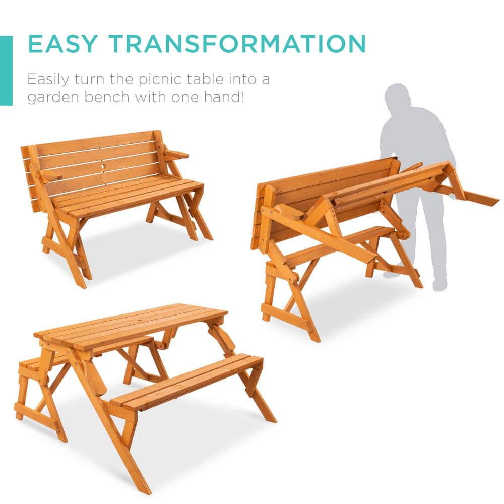 Natural Fir Wood 2-in-1 Outdoor Picnic Table and Garden Bench with Umbrella Hole