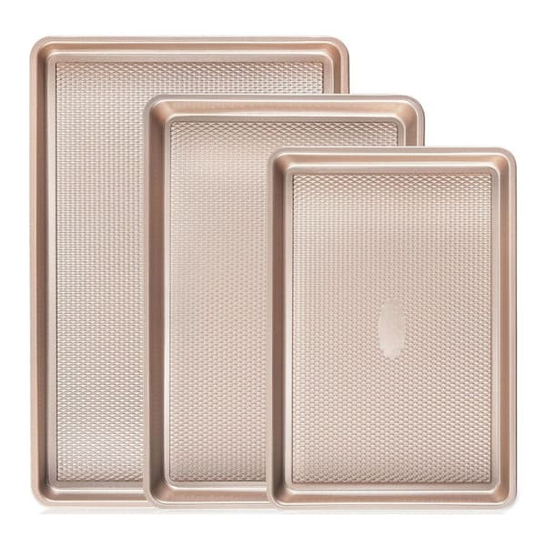 3-Piece Champagne Gold Baking Sheet Pan Set with Diamond Texture Pattern, Include 3 Nonstick Cookie Sheets