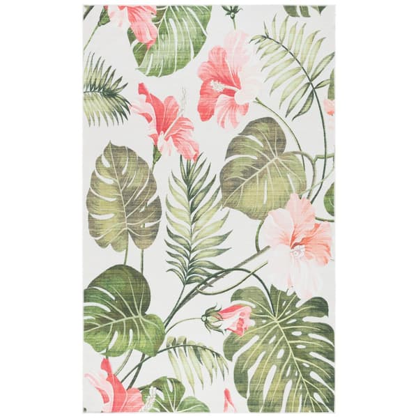 Malibu Ivory/Pink 3 ft. x 5 ft. Machine Washable Oversized Leaves Floral Area Rug