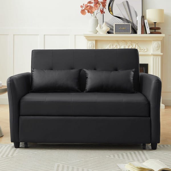 51.57 in. Square Arm Faux Leather Square with 3-USB Ports Sofa in Black