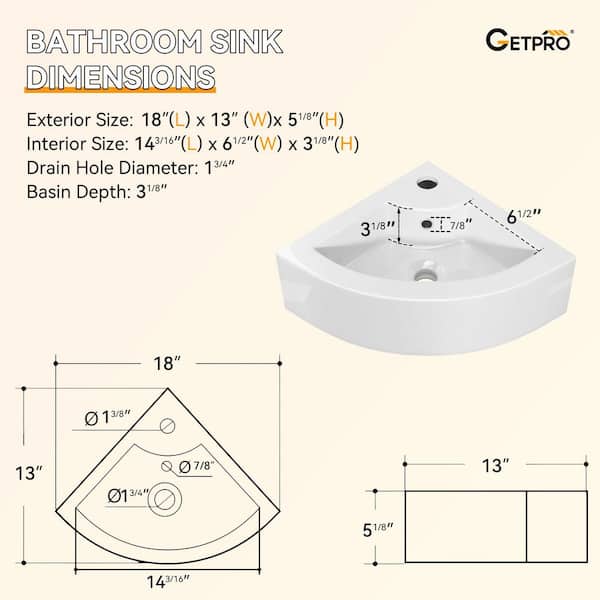 18 in Ceramic RV Sink Wall-Mounted Triangular Bathroom Corner Sink with Single Faucet Hole in White Floating Vessel Sink