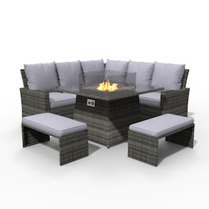 Rebecca Gray 5-Piece Wicker Patio Fire Pit Conversation Sofa Set with Gray Cushions